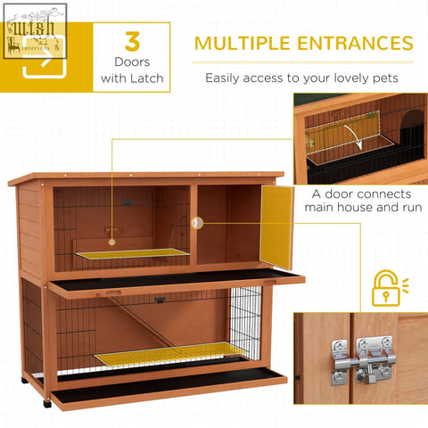 Two-level wooden main house rabbit hutch with black steel wire mesh sides and yellow platforms in orange finish