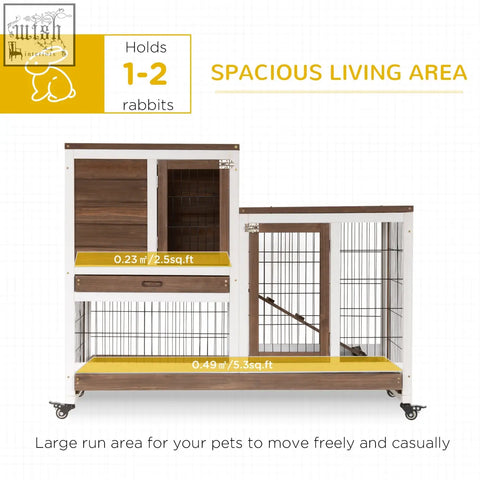 Pawhut two-tier rabbit hutch in fir wood with two lockable doors brown wooden and metal cage on wheels