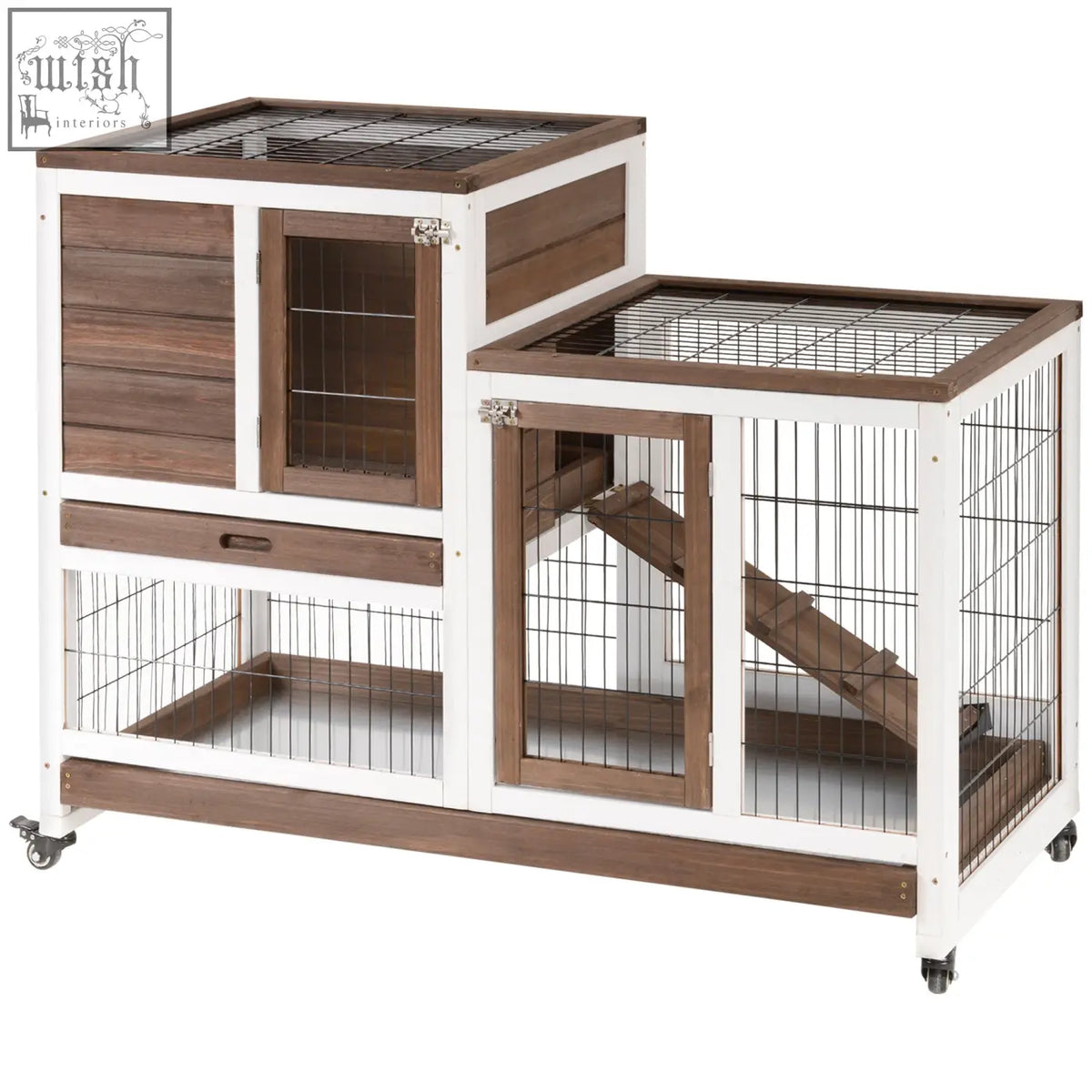 Brown pawhut two-tier rabbit hutch pet cage with fir wood, wire mesh sides, two lockable doors, and wheels