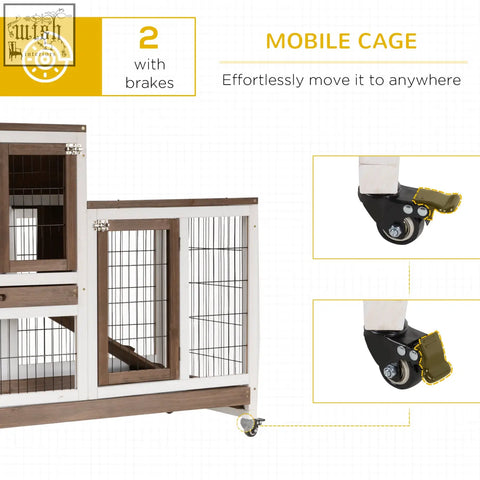 Pawhut two-tier rabbit hutch pet cage in brown fir wood with black wire mesh and two lockable doors on wheels