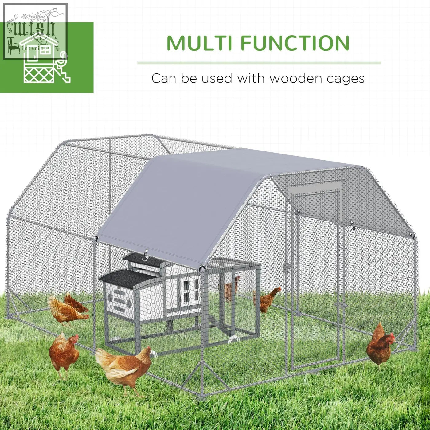 Gray metal pawhut walk chicken coop with steel wire mesh enclosure and gray roof for 10-12 chickens outdoors