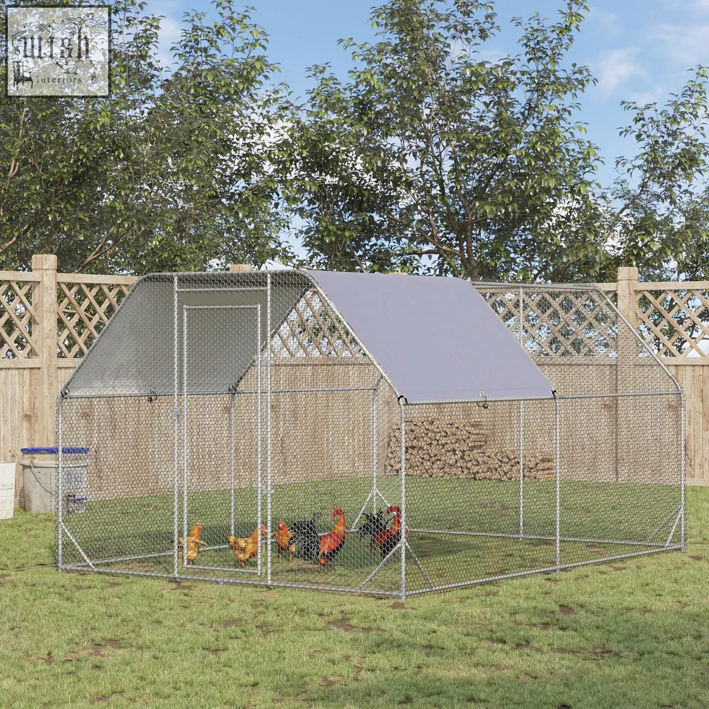 Silver pawhut walk chicken coop with steel wire sides and gray roof housing chickens for outdoor use