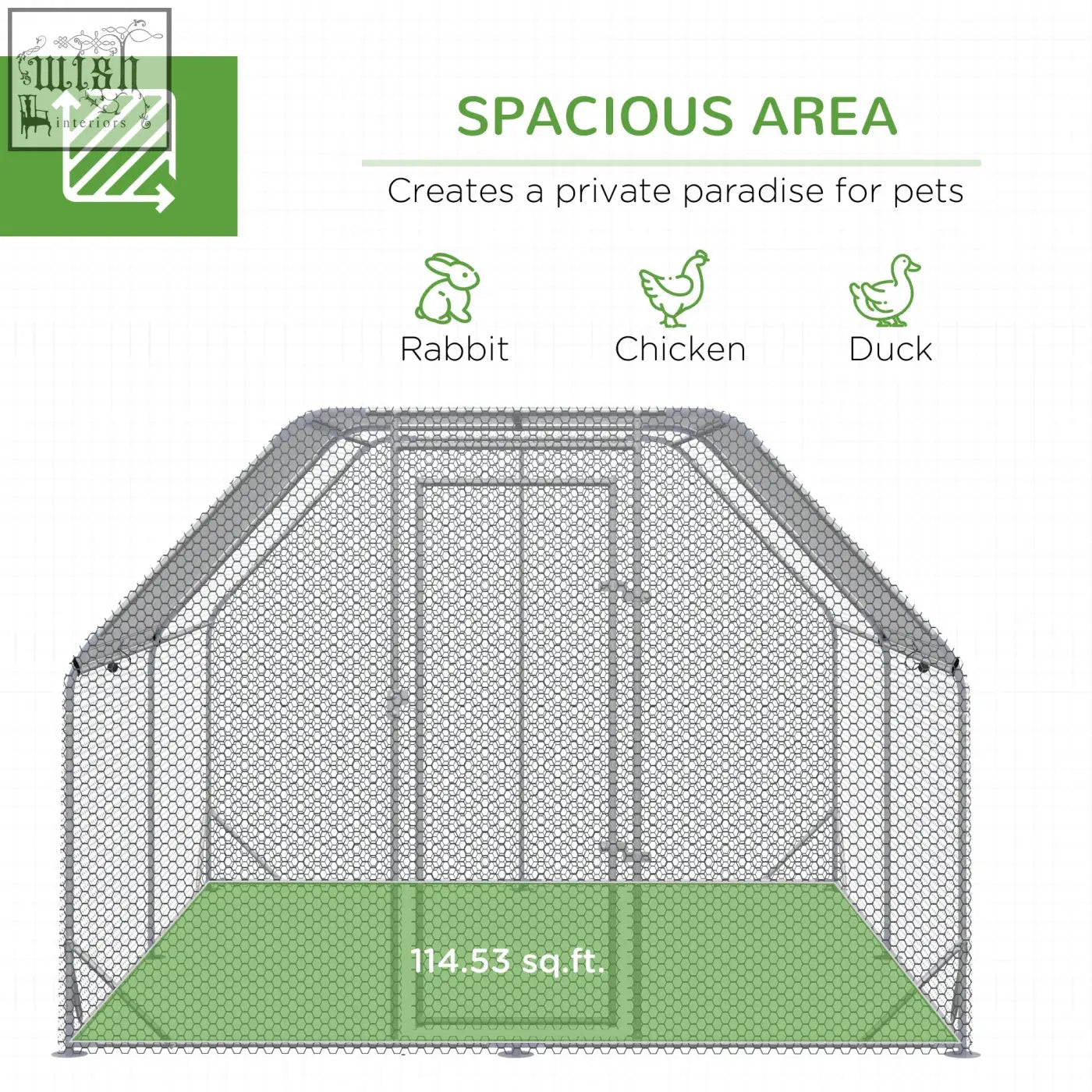Gray hexagonal steel wire mesh pawhut walk chicken coop with green floor and roof trim for rabbits chickens and ducks