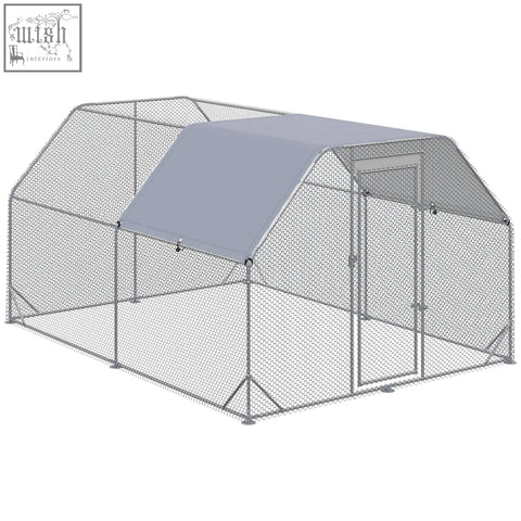 Gray fabric roofed pawhut walk chicken coop with galvanized steel wire fencing for 10-12 chickens outdoors