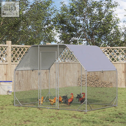 Gray metal pawhut walk chicken coop with slanted roof and steel wire sides for 4-6 chickens outdoor use
