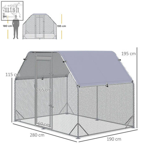 Silver metal pawhut walk chicken coop with steel wire hex mesh and gray fabric roof for 4-6 chickens
