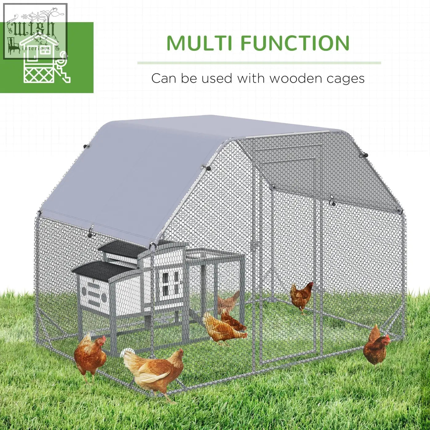 Gray metal pawhut walk chicken coop with steel wire mesh and attached wooden house for 4-6 chickens outdoors