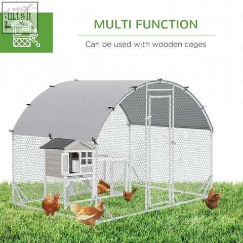 Silver metal chicken coop with hexagonal mesh sides and gray roof designed for wet weather and outdoor use
