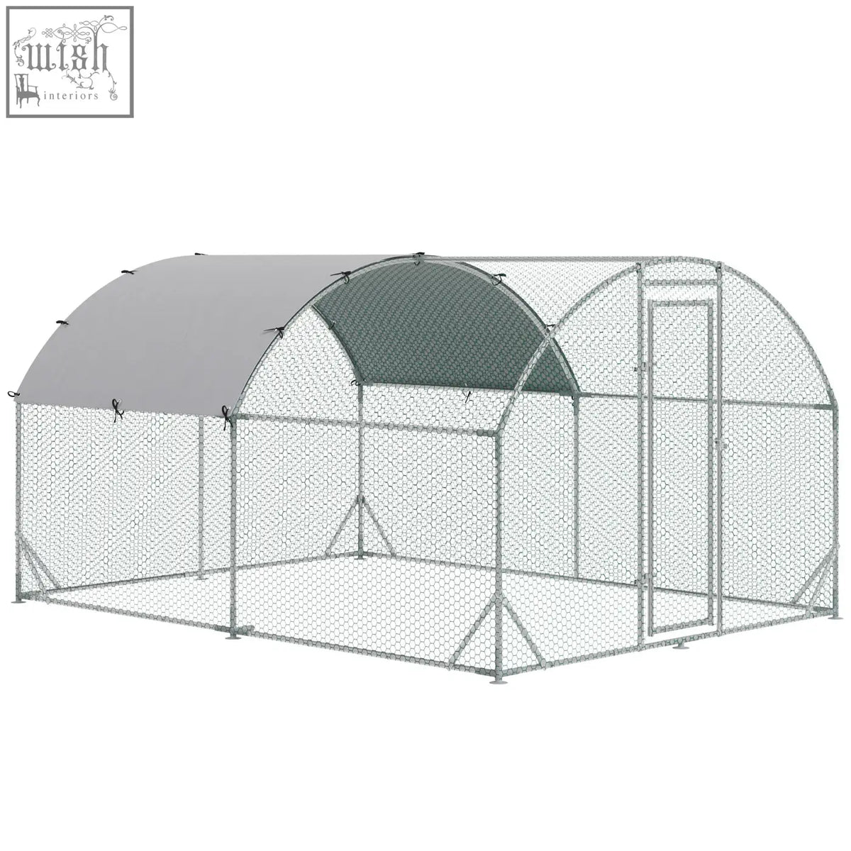 Silver galvanized metal chicken coop with gray and dark green arched roof cover and hexagonal mesh side panels