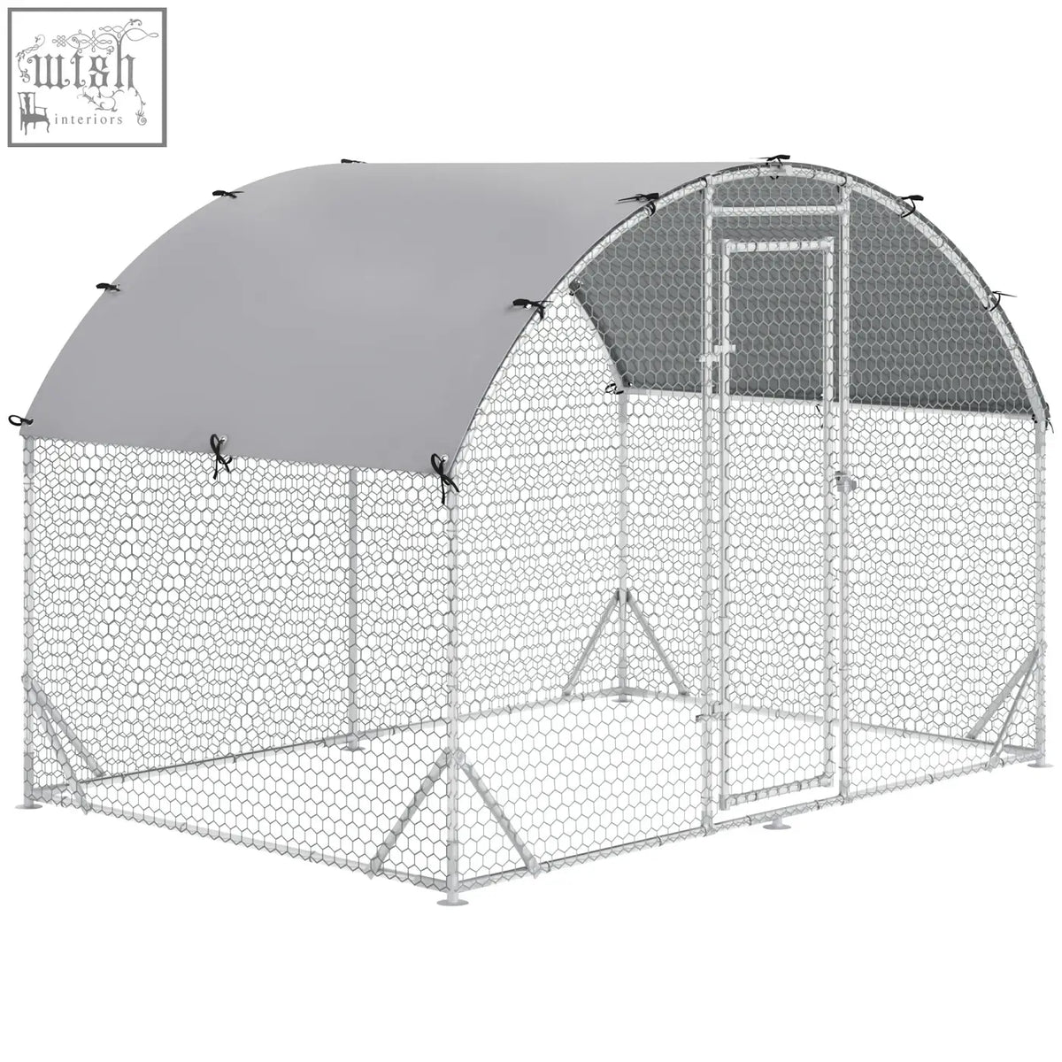Silver galvanized metal pawhut walk-in chicken coop with gray fabric roof and hexagonal mesh walls for poultry garden