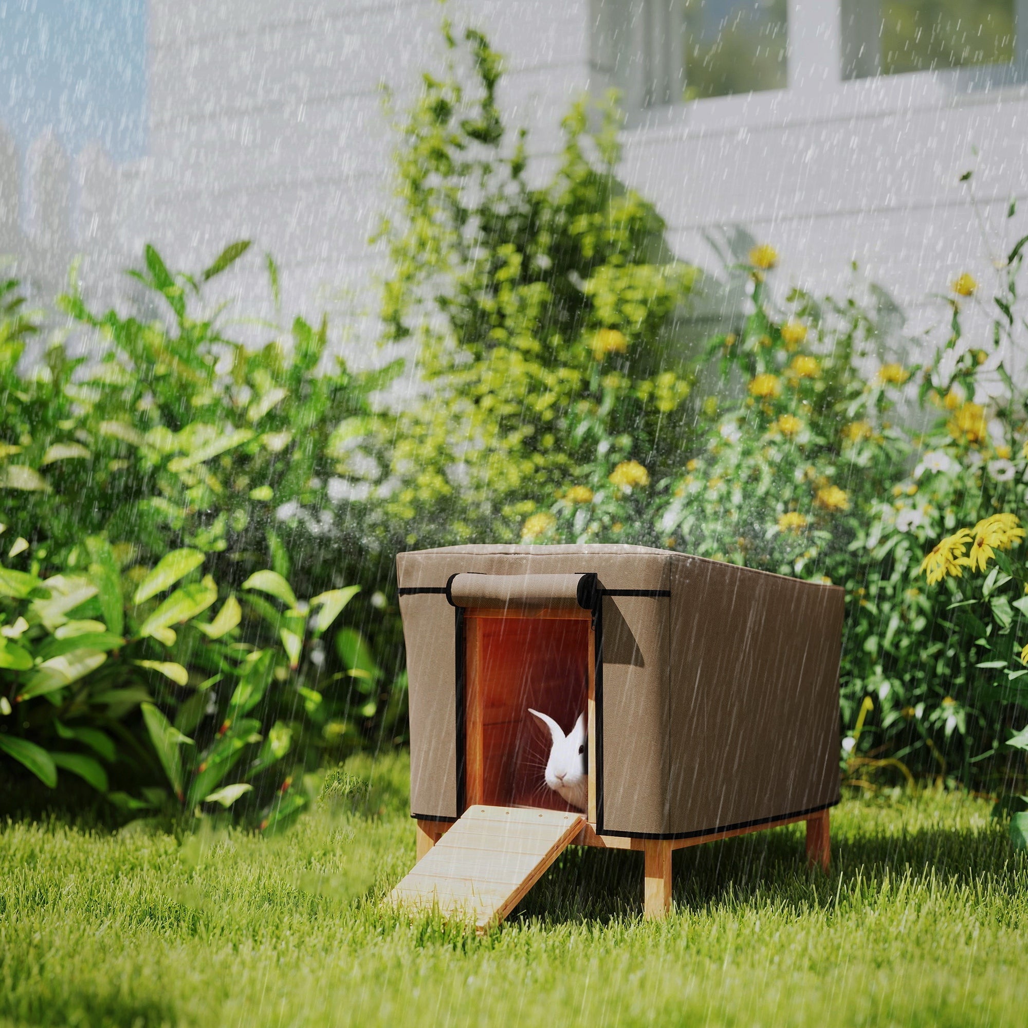 Brown oxford fabric hutch cover for pawhut waterproof rabbit hutch with roll-up door and wooden ramp legs