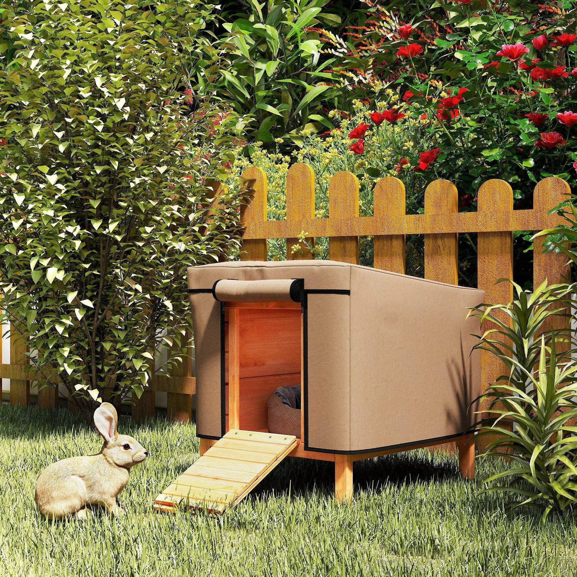 Beige oxford fabric hutch cover on a brown rabbit hutch with wooden ramp and slatted door in a garden setting