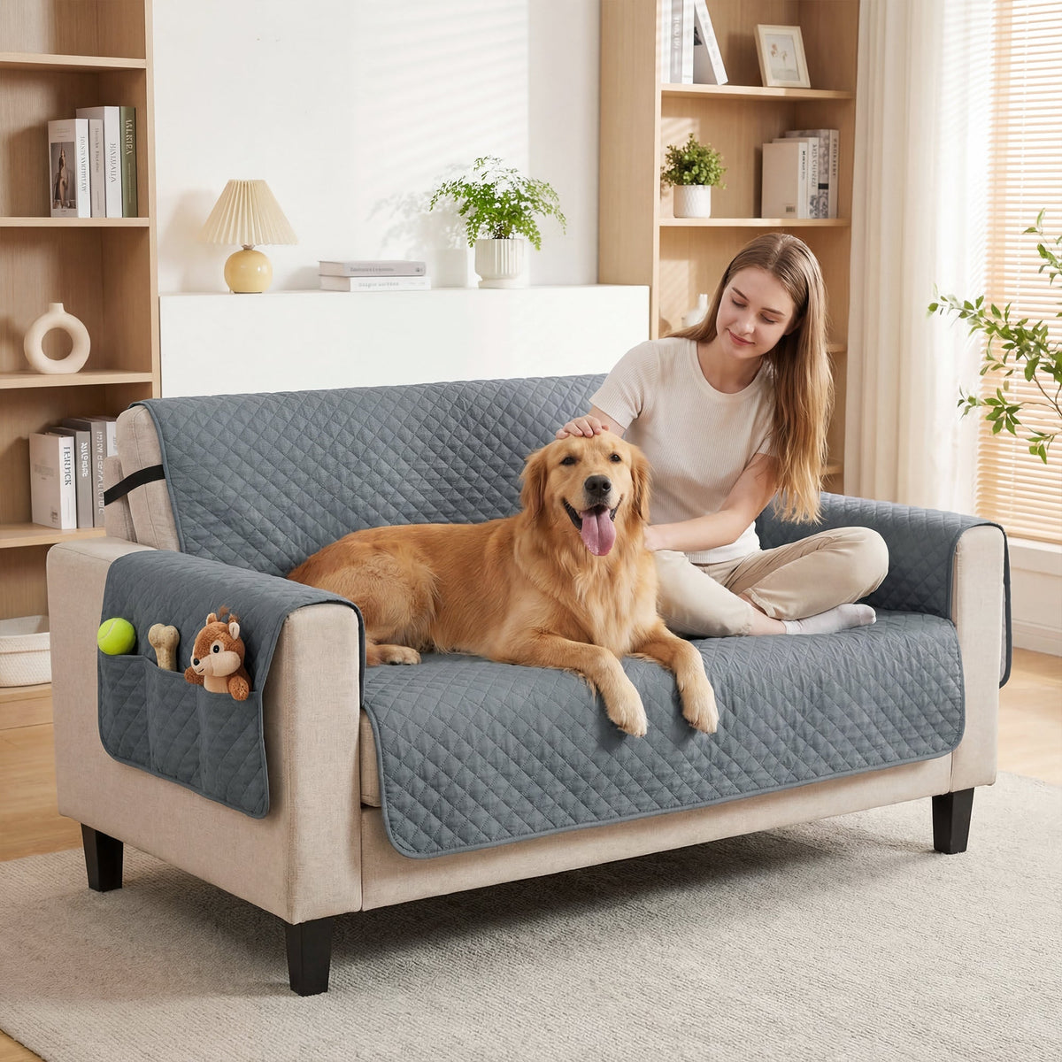 Blue quilted pawhut waterproof sofa cover for 2 seater with side pockets holding toy and ball, non slip elastic straps