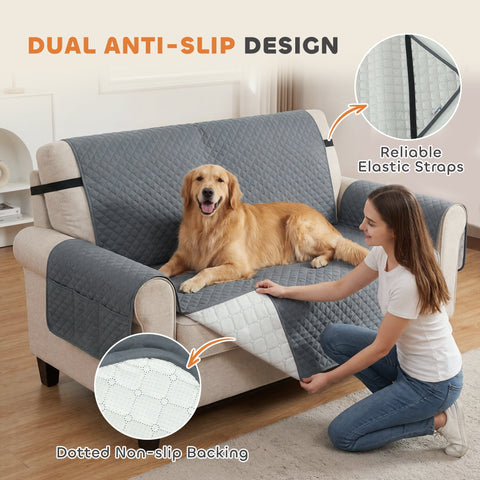 Gray quilted pawhut waterproof sofa cover with dual anti-slip design and elastic straps for pets on 2 seater couch