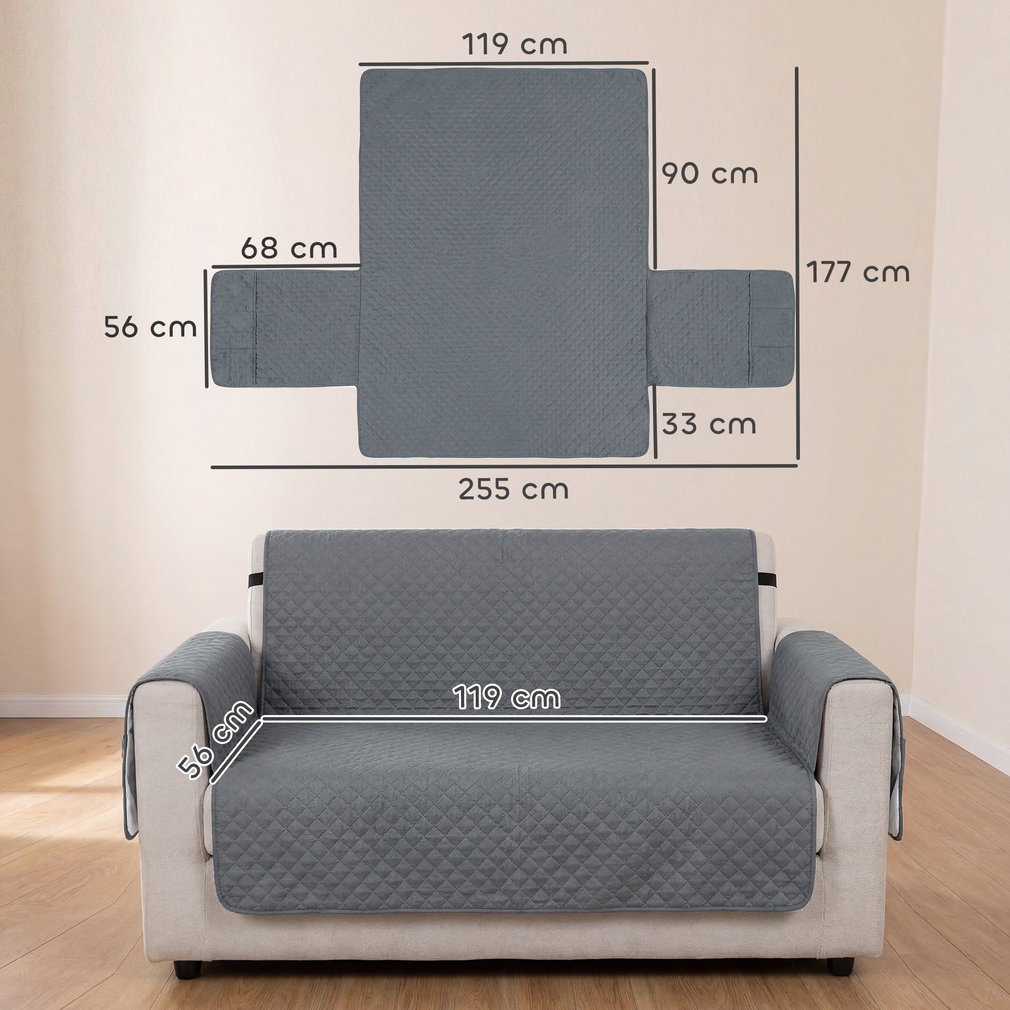 Gray quilted pawhut waterproof sofa cover with diamond stitching and adjustable armrest extensions for pets