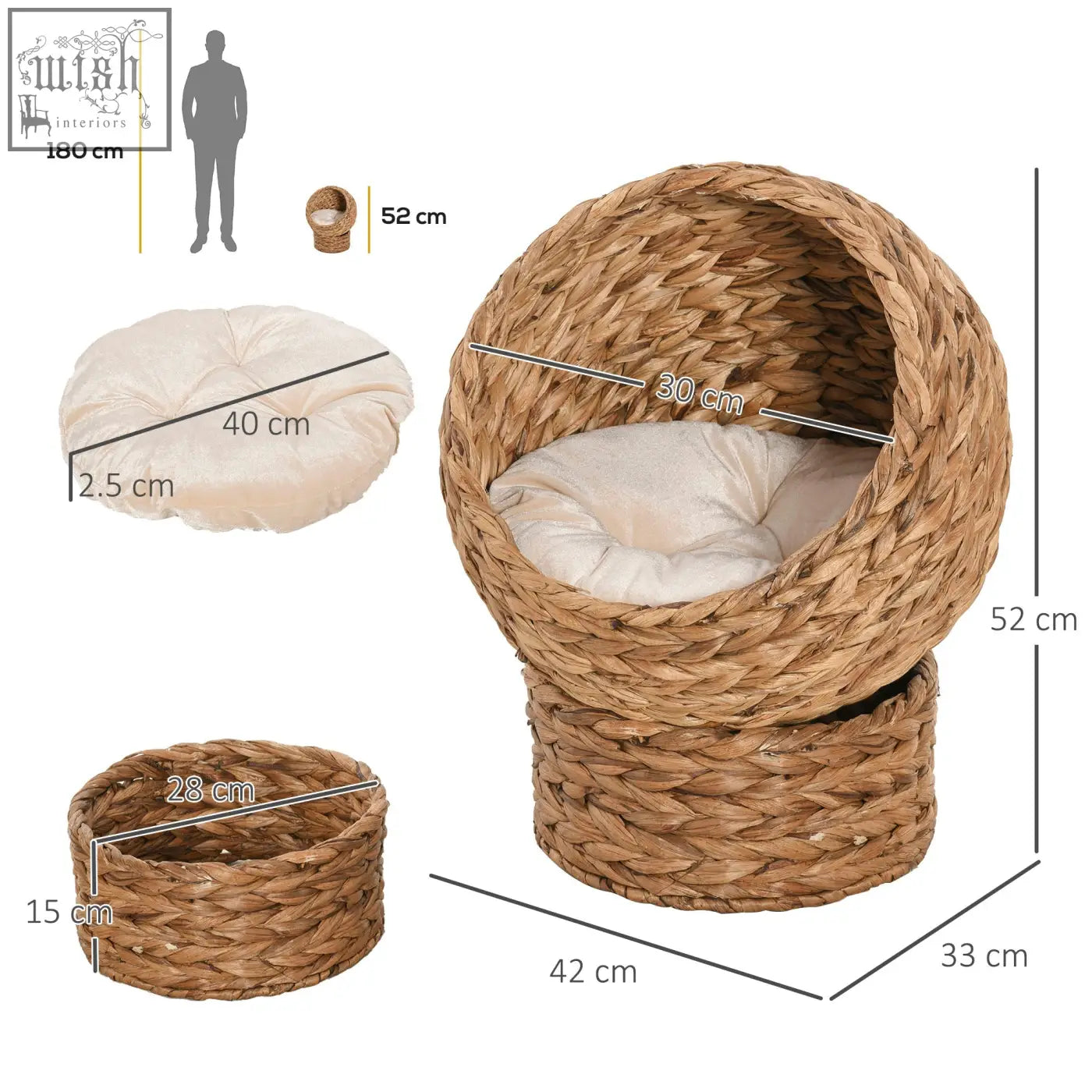 Pawhut wicker cat bed with handwoven natural fiber and cylindrical base featuring a cozy cream cushion inside