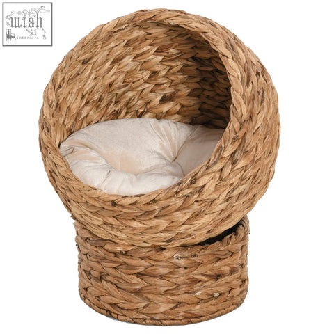 Pawhut wicker cat bed made of natural seagrass with cylindrical base and soft cream cushion for a cozy cat house
