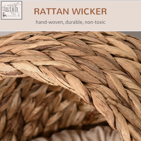 Pawhut wicker cat bed with cylindrical base in natural brown hand woven rattan cat house with soft cushion
