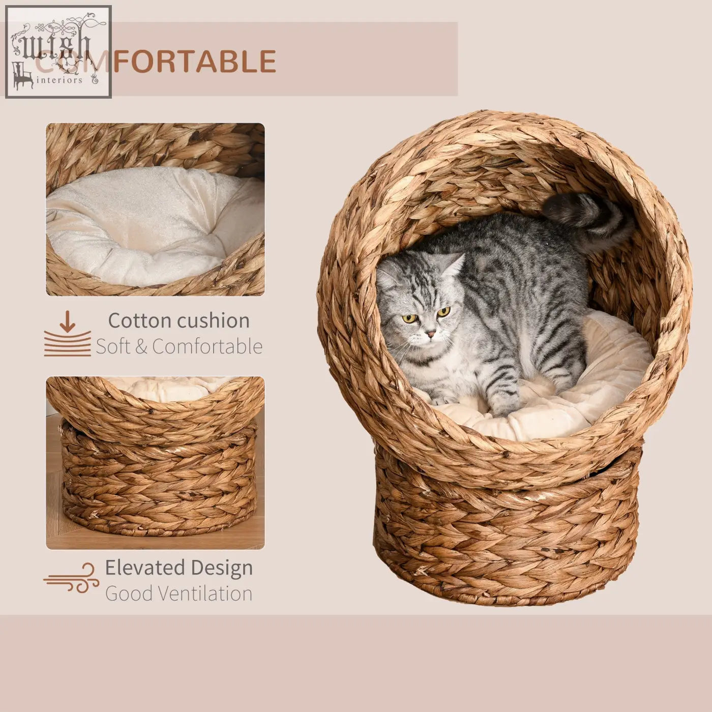 Pawhut wicker cat bed with cylindrical base made of brown woven rattan and a soft cream cotton cushion inside