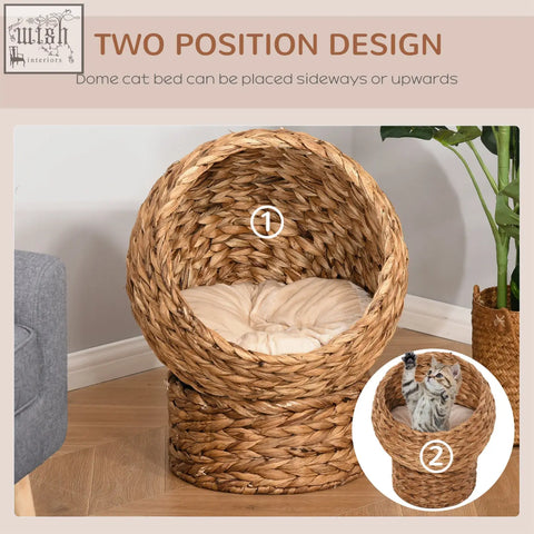 Natural woven pawhut wicker cat house with cylindrical base and soft beige cushion designed for two positions