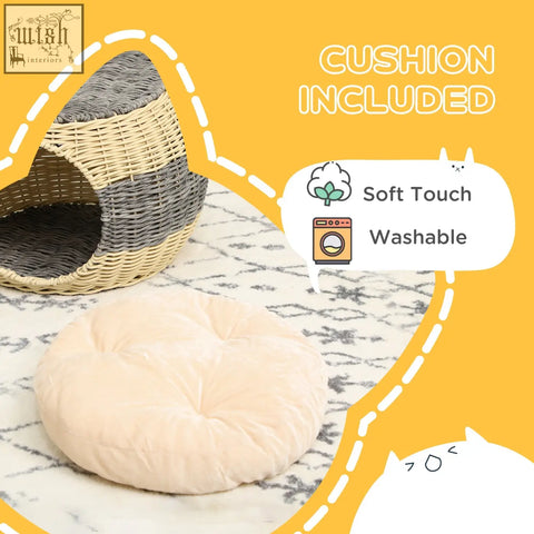 Beige soft plush quilted cushion for pawhut wicker cat house rattan raised cat bed kitty cave
