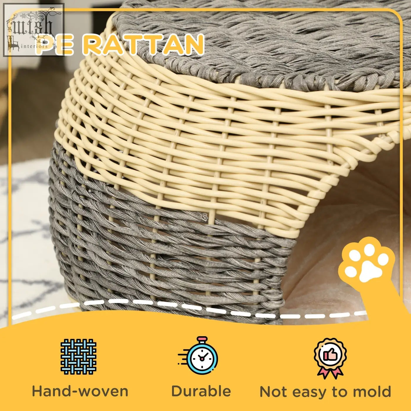 Gray and beige pawhut wicker cat house with cozy hand woven rattan design and soft washable cushion for cats