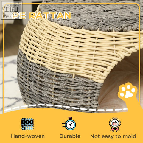 Gray and beige pawhut wicker cat house with cozy hand woven rattan design and soft washable cushion for cats