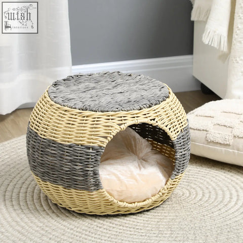 Cozy pawhut wicker cat house with gray beige woven exterior and cream soft cushion for comfortable kitten cave