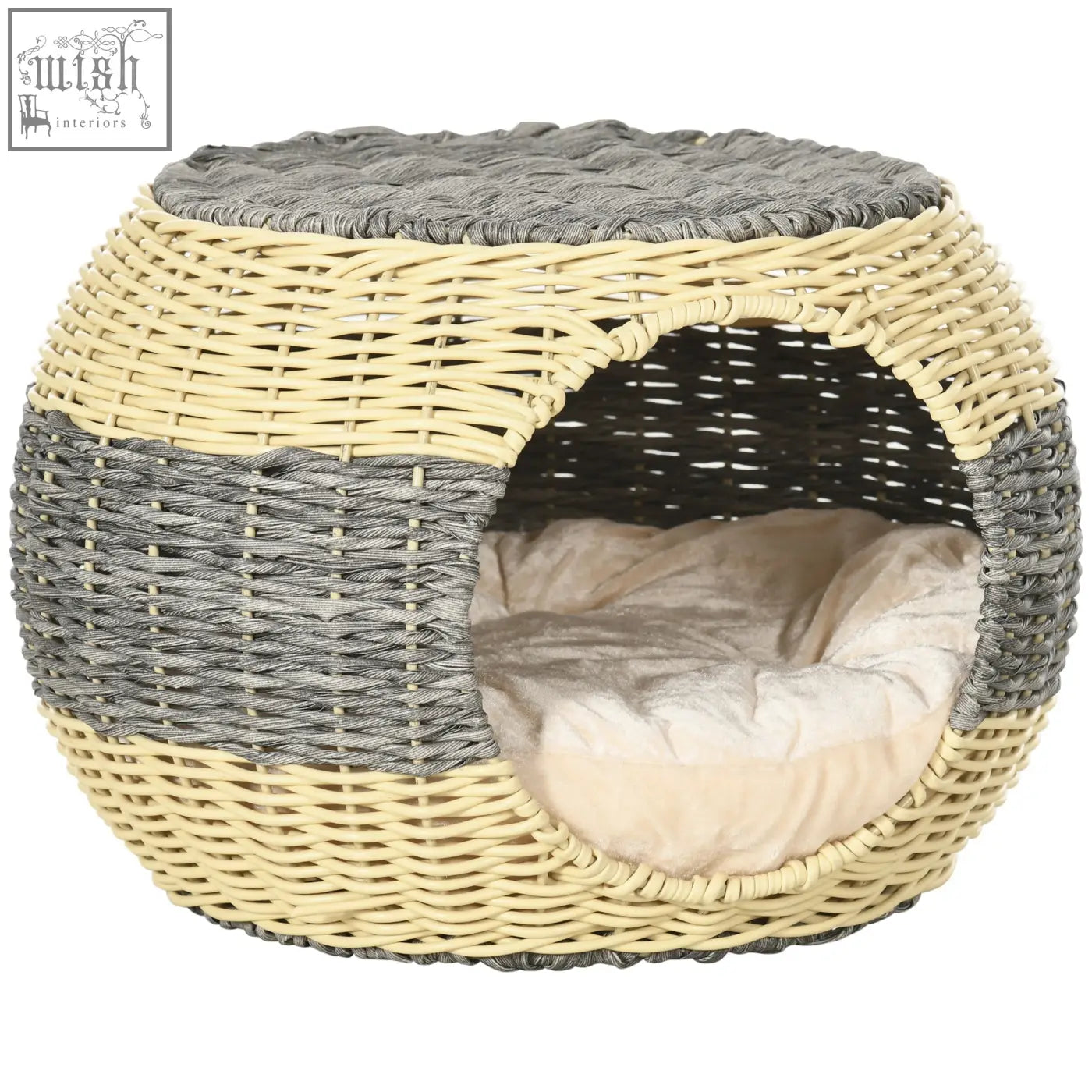 Cozy pawhut wicker cat house with beige gray woven rattan and soft cream cushion for a comfy kitten cave