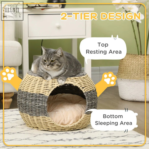 Cozy two-tiered pawhut wicker cat house in beige and gray with soft tan cushion for comfortable kitten resting