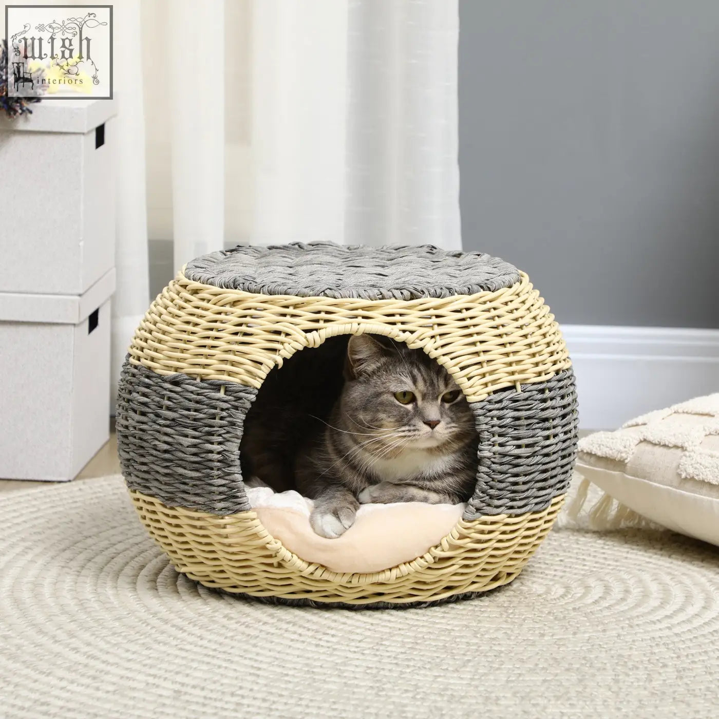 Pawhut wicker cat house with cozy round rattan design in gray beige and soft cream cushion for comfy cat naps
