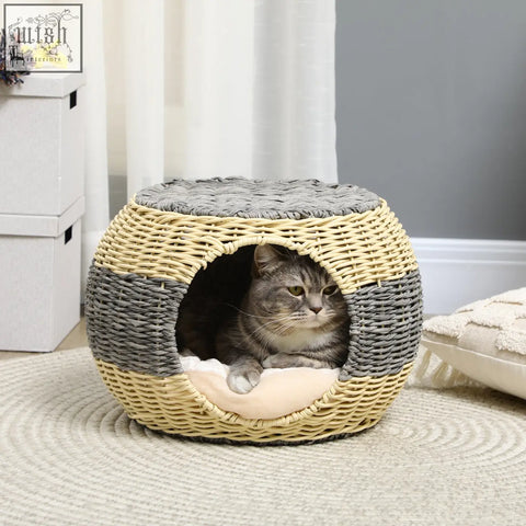 Pawhut wicker cat house with cozy round rattan design in gray beige and soft cream cushion for comfy cat naps