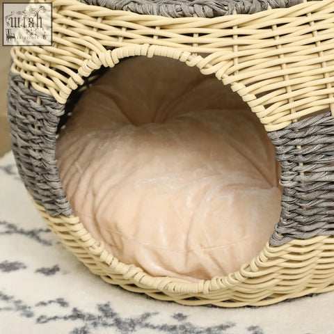 Beige and gray pawhut wicker cat house with soft cream cushion cozy rattan raised cat bed for kittens
