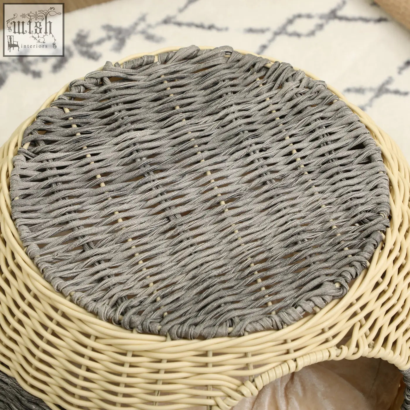 Gray woven wicker cat house with cream outer frame by pawhut wicker cat bed for cozy kitten cave with cushion