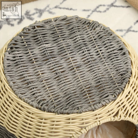 Gray woven wicker cat house with cream outer frame by pawhut wicker cat bed for cozy kitten cave with cushion