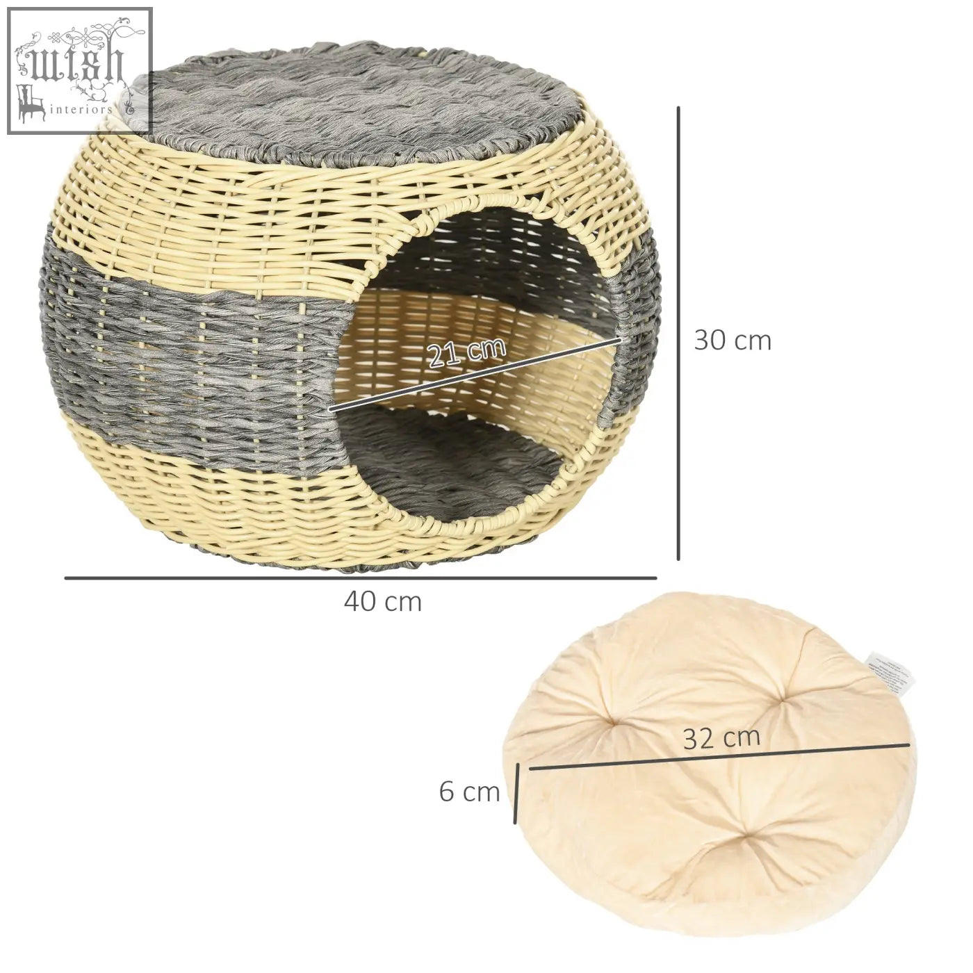 Pawhut wicker cat house round woven rattan cat bed beige gray striped pattern with arched entrance and soft cushion