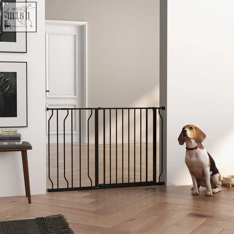 Black metal pawhut safety gate with adjustable width vertical bars and curved ends for doorways and staircases