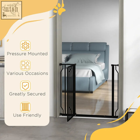 Black metal pawhut wide dog safety gate with foldable bars pressure-mounted and adjustable width for doorways