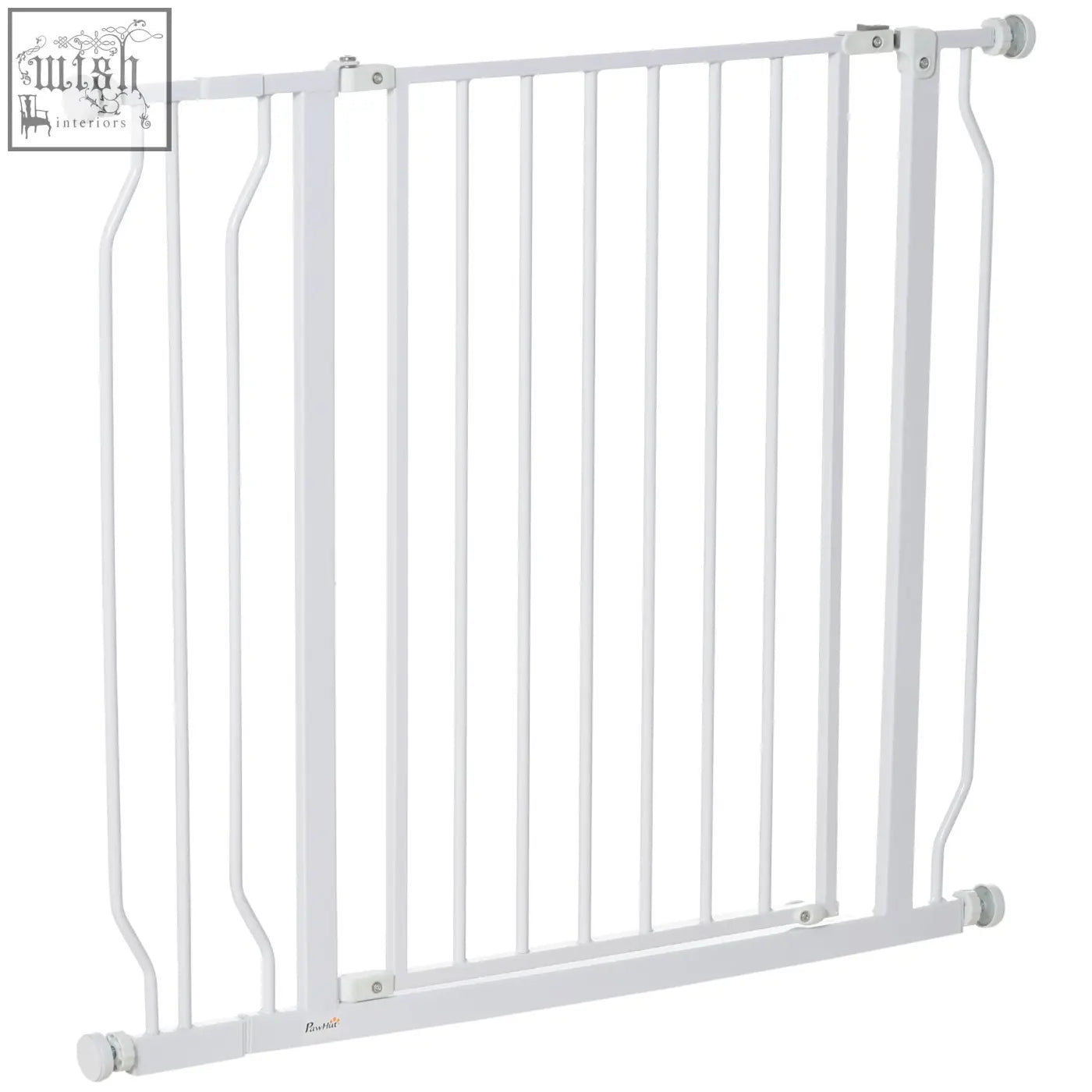 White metal pawhut wide dog safety gate with vertical bars and rounded caps adjustable width for doorways