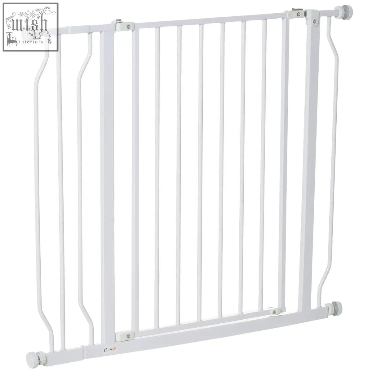 White metal pawhut wide dog safety gate with vertical bars and rounded caps adjustable width for doorways