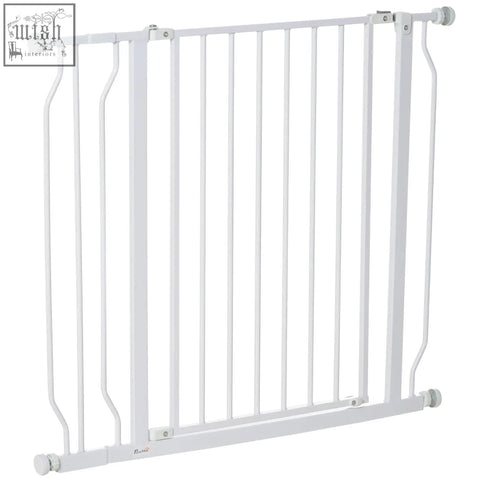 White metal pawhut wide dog safety gate with vertical bars and rounded caps adjustable width for doorways