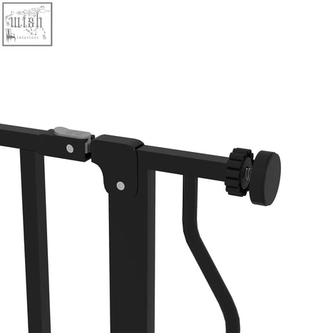 Black metal pawhut safety gate with adjustable width gear mechanism and gray plastic latch for doorways and staircases