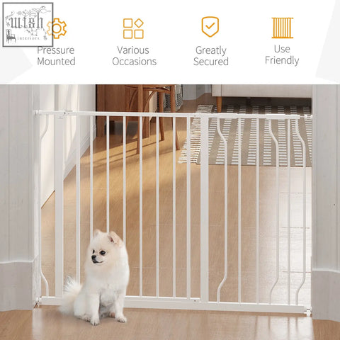 White metal pawhut wide dog safety gate with curved bars pressure-mounted for adjustable width in doorways