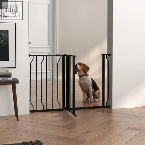 Black metal safety gate with vertical bars and curved top design adjustable width for doorways and staircases