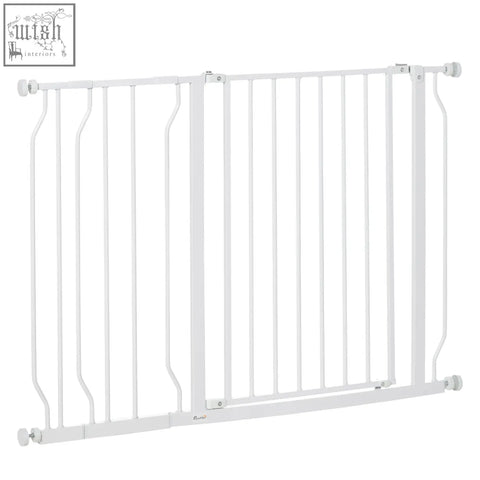 White metal pawhut wide dog safety gate with adjustable width and vertical bars for doorways and staircases