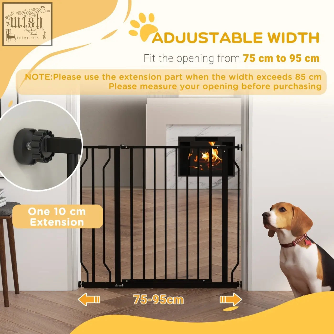 Black metal adjustable pawhut wide dog safety gate with 75-95 cm width and 10 cm extension for doorways and stairs