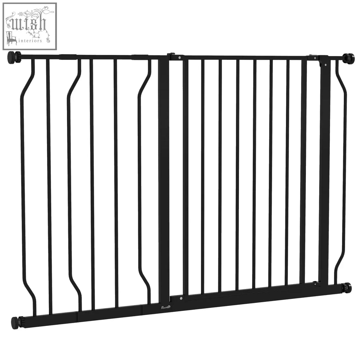 Black metal baby safety gate with vertical bars and adjustable width for doorways hallways and staircases