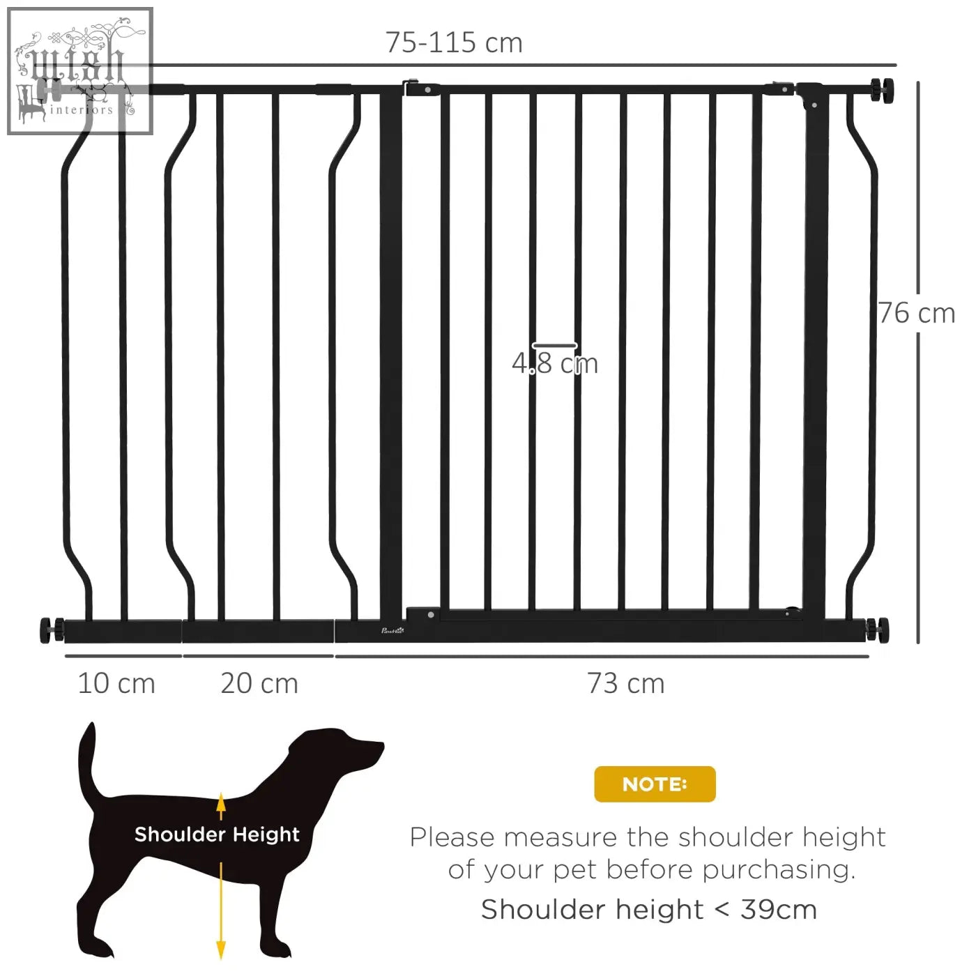 Black metal pawhut safety gate with adjustable width 76 cm and height 75-115 cm for doorways and stairs