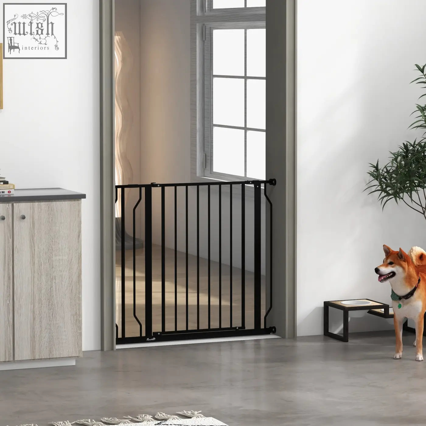 Black metal safety gate with vertical bars and adjustable width for doorways from pawhut wide dog collection