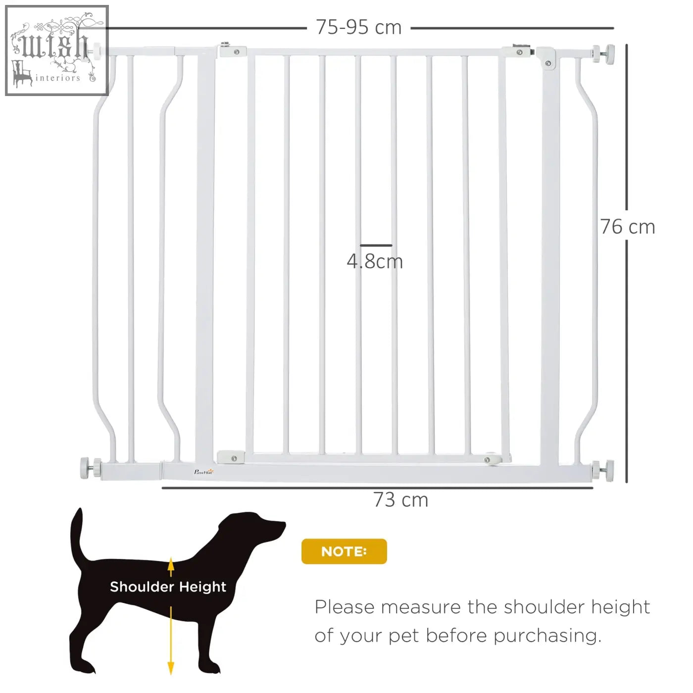 White metal safety gate with vertical bars and adjustable width markings for pawhut wide dog use